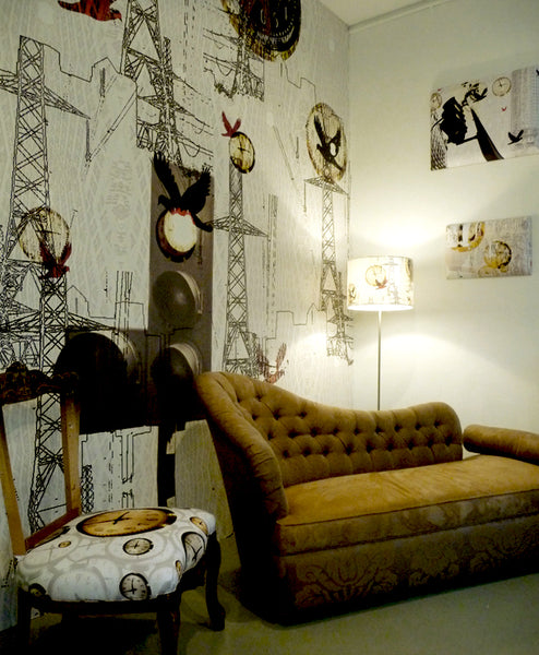 City Mural, Lampshade, Canvases and Floating Clocks Fabric by ATADesigns.  Upholstery by Urban Upholstery.