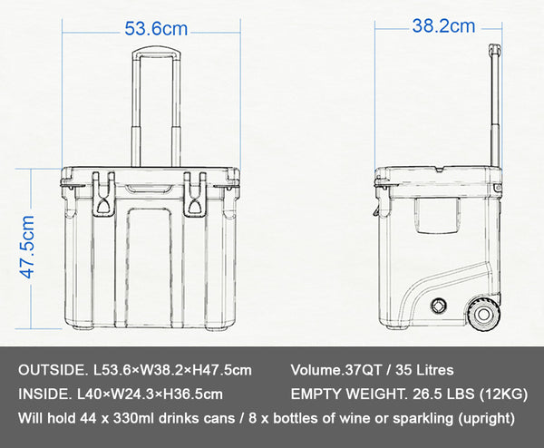 Icey-Tek 35 Litre Cool Box With Wheels Size Diagram