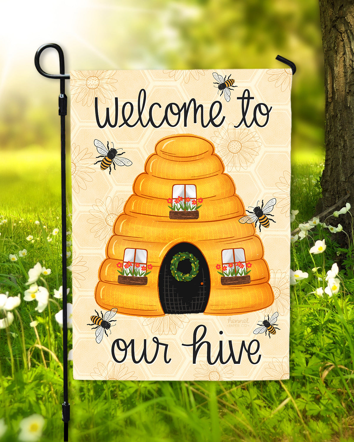 Welcome to our hive summer garden flag by Hennel Paper Co.