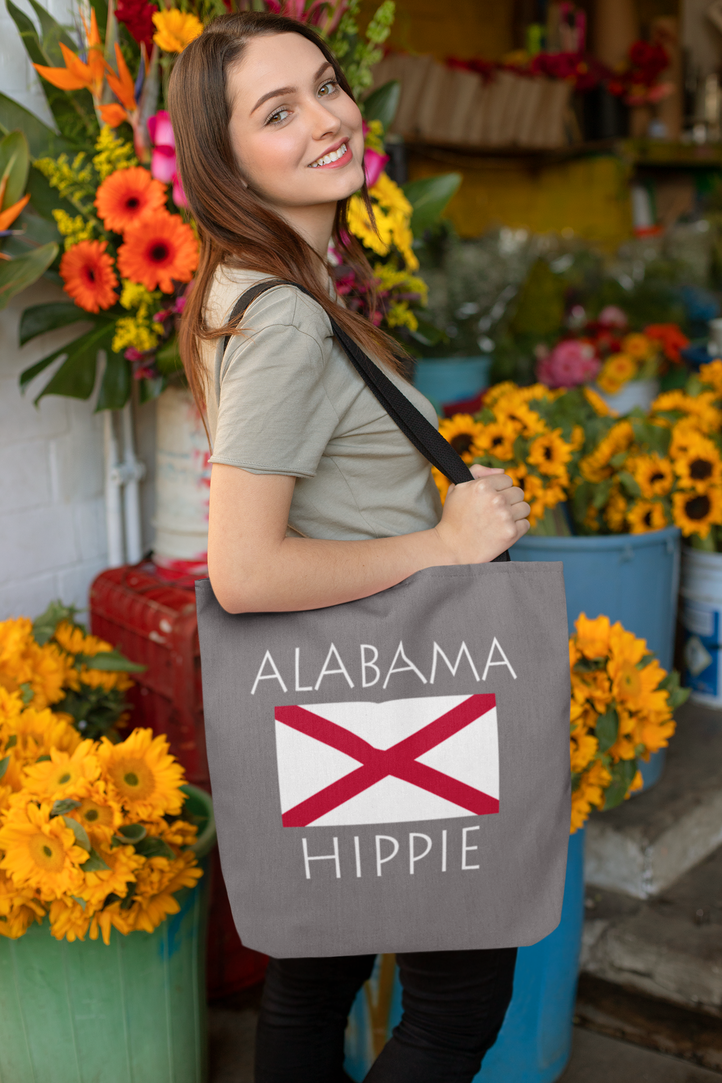 The Stately Wear Alabama Flag Hippie has bold colors from the Alabama flag.  Made with biodegradable inks & dyes and made one-at-a-time it is environmentally friendly.  3 practical sizes so it is a great gym bag, beach bag, yoga bag, Pilates bag and travel bag.