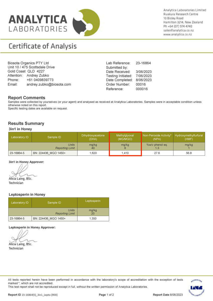 Biosota Organics Manuka Honey MGO 1200+ Certificate of Authenticity