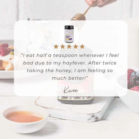 5 star review: "I eat half a teaspoon whenever i feel bad due to my hay fever. After twice taking the honey, I am feeling so much better!" Kwee