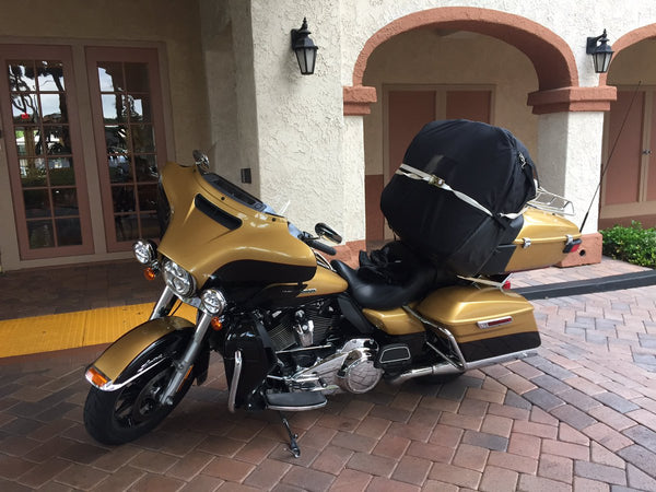 Orucase Airport Ninja on the back of a Harley