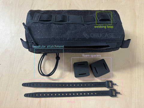 Orucase Smuggler parts: webbing loop, headtube attachment, foam spacers, and straps. 