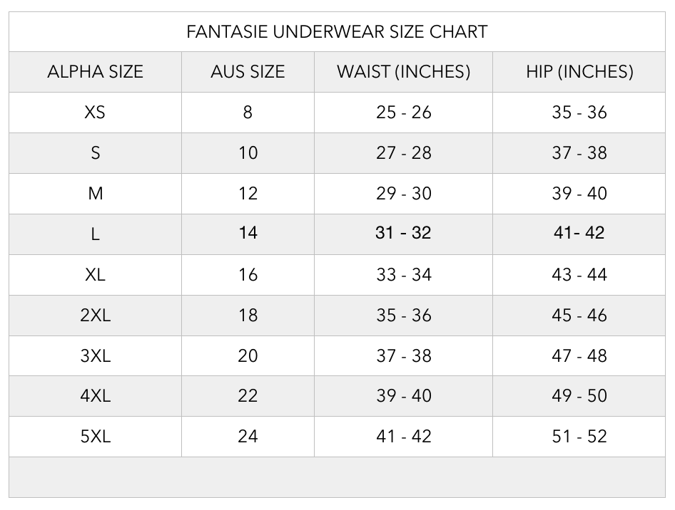 HuHa Underwear Size Chart – Specialty Fittings Lingerie