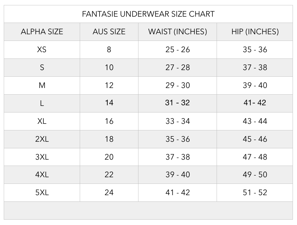 Fantasy Lingerie size chart