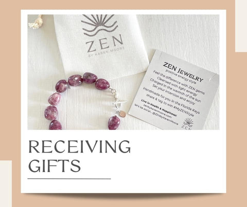 ZEN by Karen Moore Jewelry_ Love Language_Receiving Gifts_Lepidolite bracelet with silver clasp next to white linen ZEN jewelry gift pouch