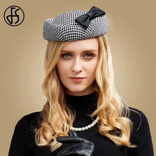 Women's Plaid Wool Pillbox Fascinator Hat Headpiece with Bow Decoration