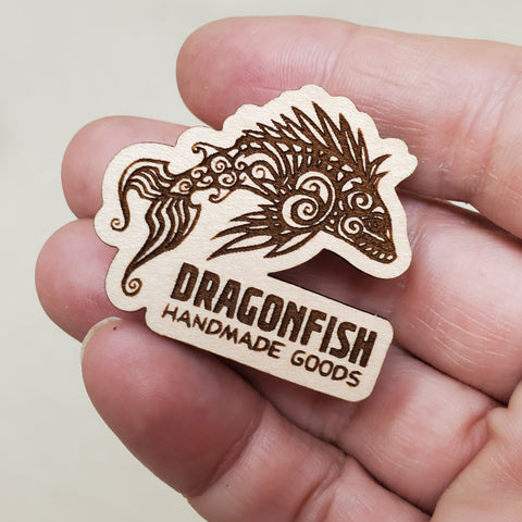 Dragonfish Handmade Goods, Dragonfish, wooden pin, enamel pin, collectible