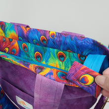 Load image into Gallery viewer, Purple Magenta Hand-dyed Ikea Sofa Cover + Rainbow Peacock Feathers Upcycled Shoulder Tote
