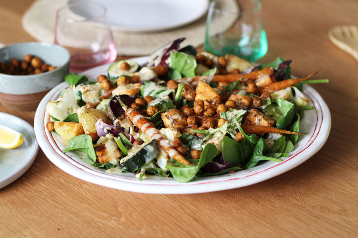 Roast vegetable salad with spicy chickpeas