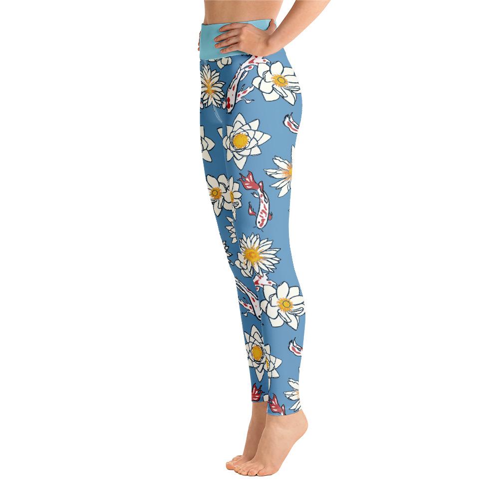 Koi And Lotus Pattern High Waist Blue Leggings Yoga Pants – Chakra Galaxy