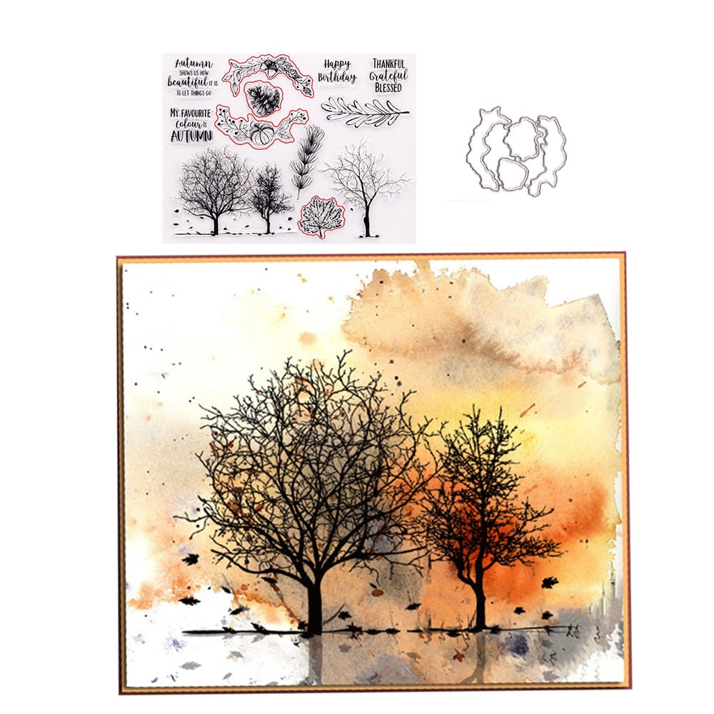 Autumn Trees Rubber Stamps, 22.5 cm x 17 cm, Metal Cutting