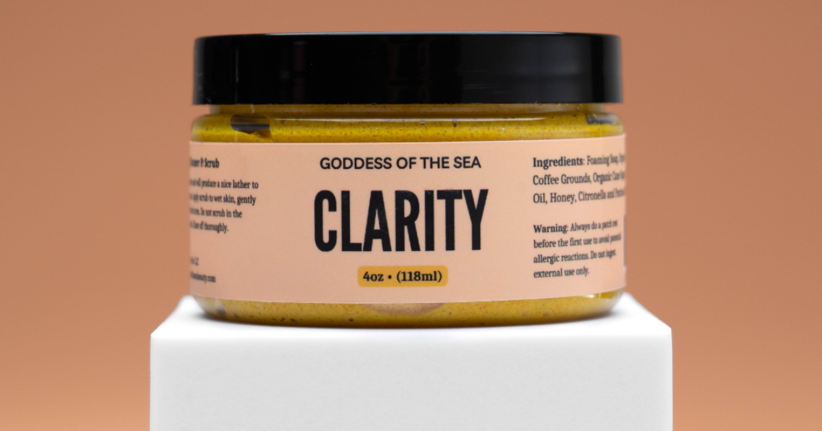 Clarity exfoliation scrub by Goddess of the Sea to smooth and even skin texture and tone.