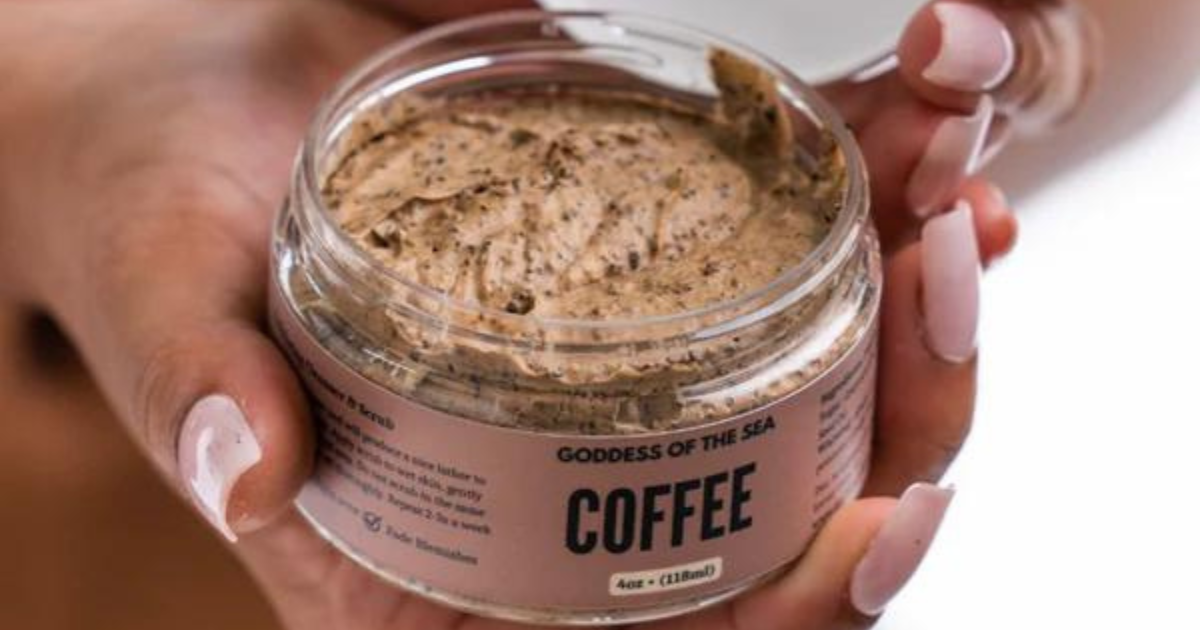 Coffee exfoliation scrub by Goddess of the Sea to smooth and even skin texture and tone.