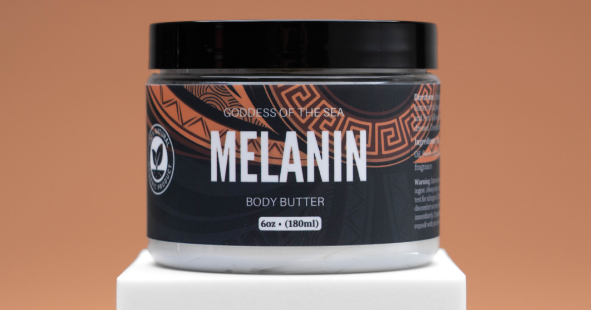 Melanin Bum Bum Butter body cream by Goddess of the Sea to smooth and even skin texture and tone.