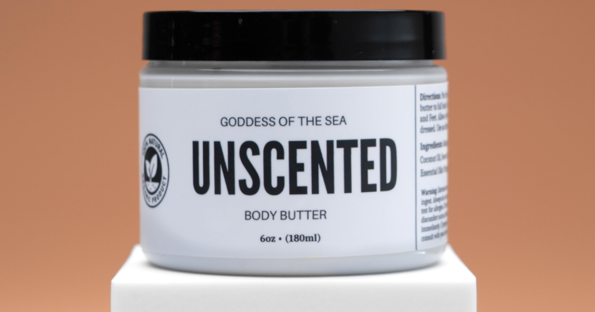 Unscented body butter cream by Goddess of the Sea to smooth and even skin texture and tone.