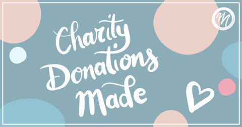 MarcoLooks Charity Donations Update. A dusty blue background, with peach and teal dots, with handwritten calligraphy on top.