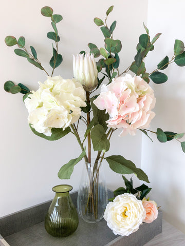 hydrangeas and protea faux flower bouquet