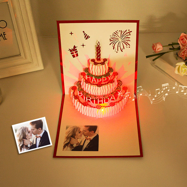 Personnalisé Photo 3D Pop Up Cartes D'anniversaire Led Lumière Gâteau D'anniversaire Musique Joyeux Anniversaire Pop Up Carte De Voeux