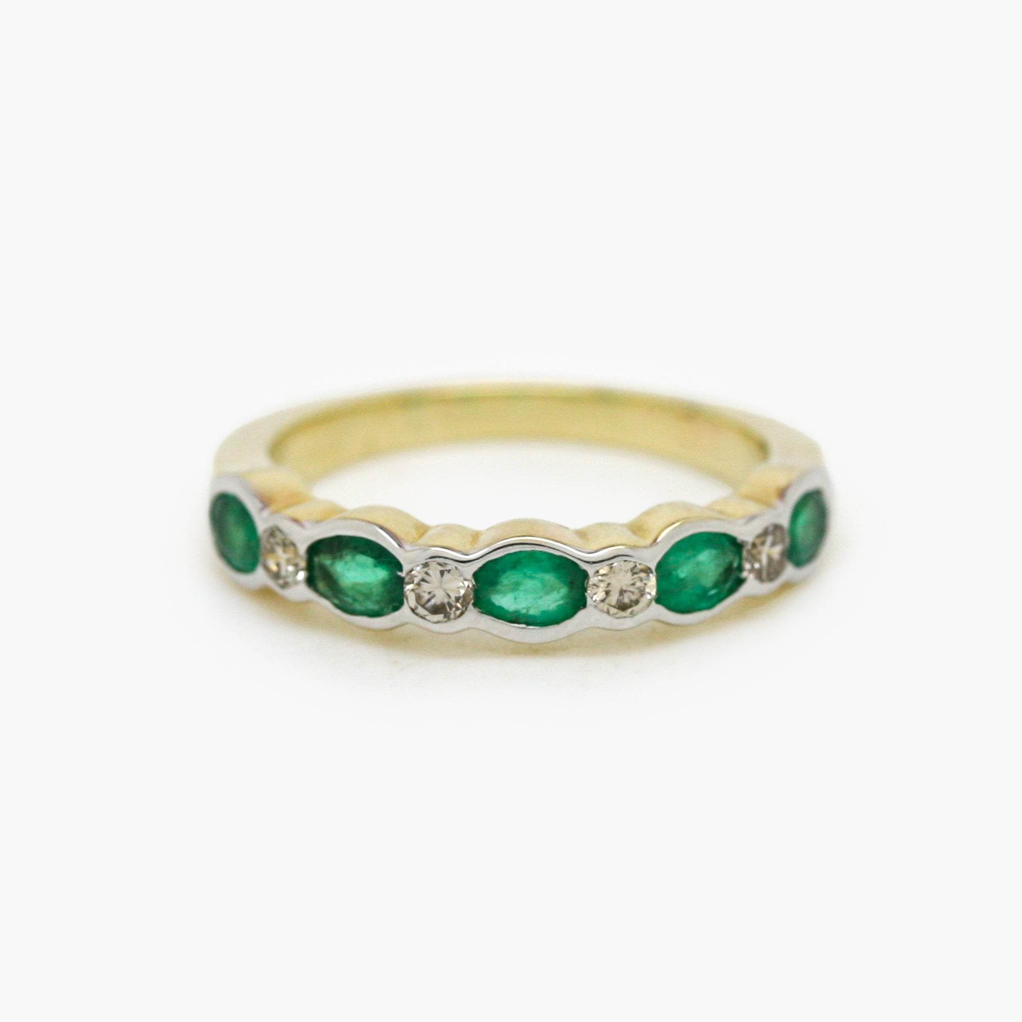 9ct Mixed Gold Emerald & Diamond Rubover Set Half Eternity Ring