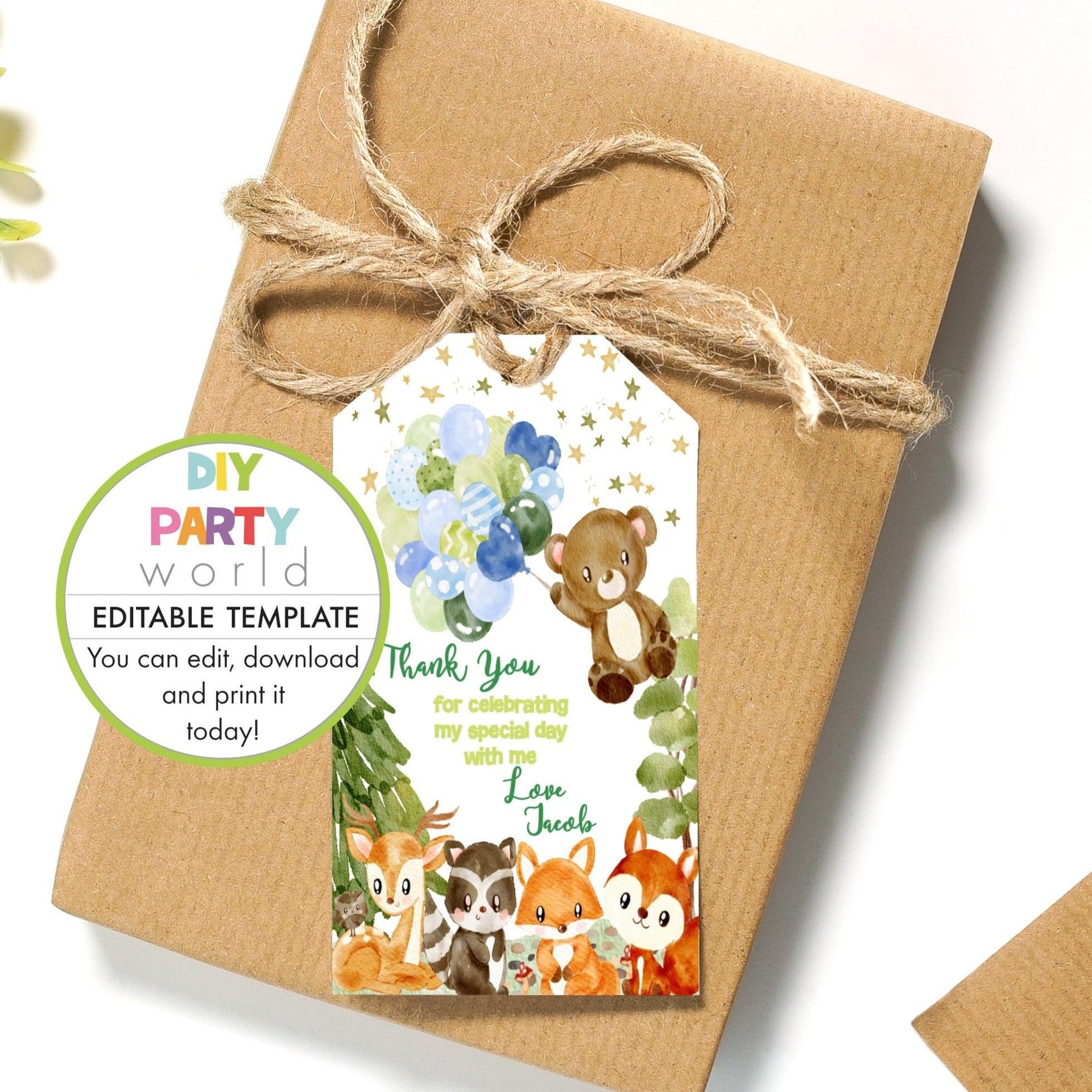 DIY Editable Woodland Animals Party Favour Tag Blue – DIY Party World