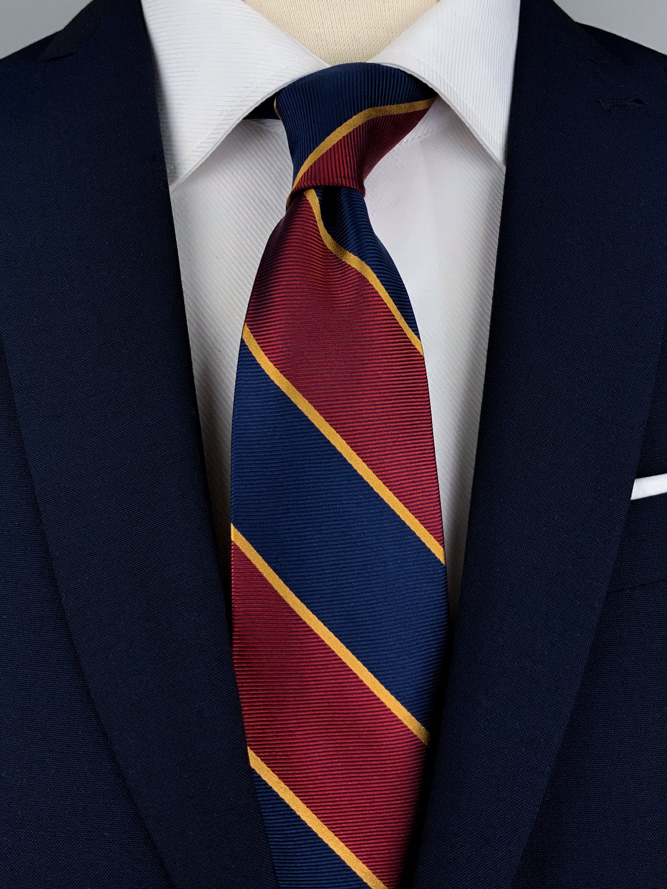 Red, Navy Blue & Gold Striped Silk Regimental | Knotting Club