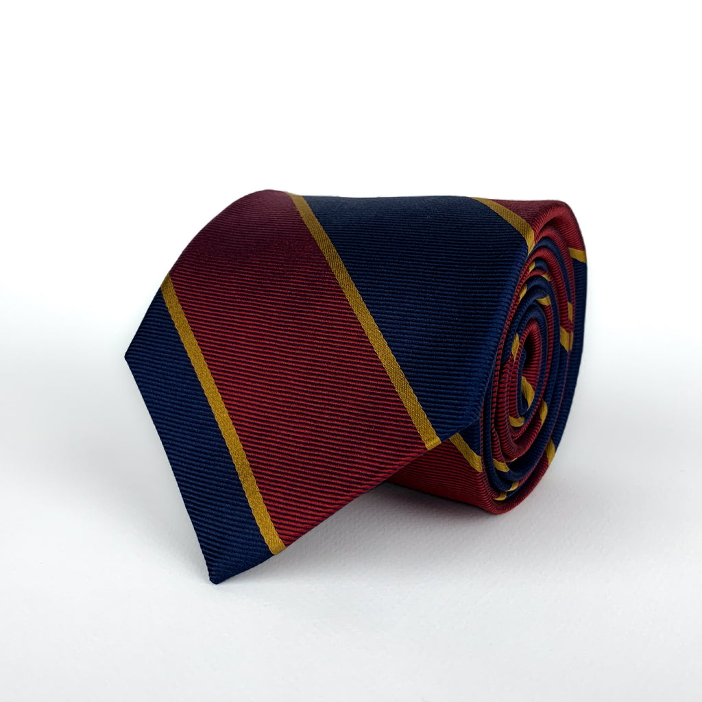 Red, Navy Blue & Gold Striped Silk Regimental Tie | Knotting Club