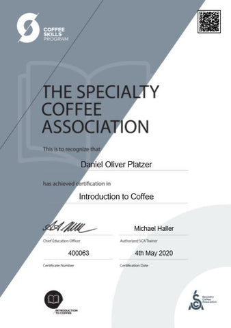 Zertifikat Introduction to Coffee SCA von bohnendealer.coffee
