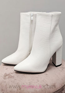 Croc Pointed Toe Heeled Ankle Boots White - myrevuk.com