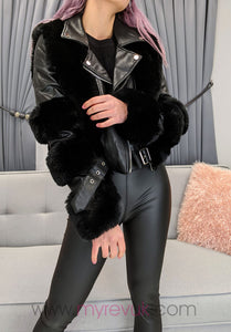 Panda Leather Fur Crop Jacket Black - myrevuk.com