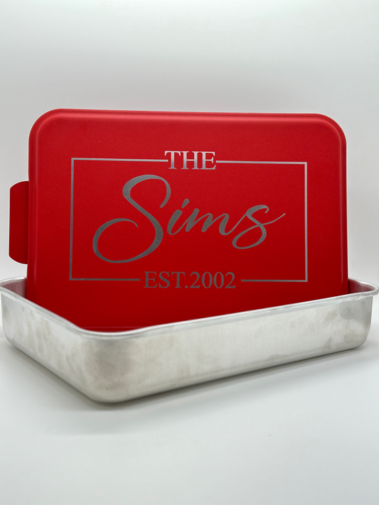 Cake Pan with Engraved Design on Red Colored Lid - Aluminum 9” x 13” Pan