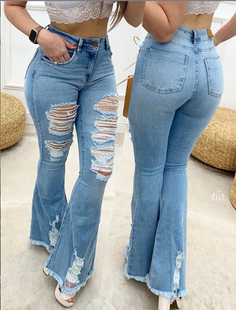 calça flare jeans azul claro