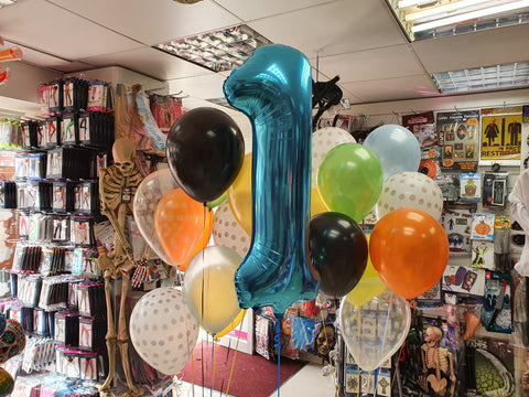 Three bunches on helium latex balloons on weights and Tiffany Blue number one balloon