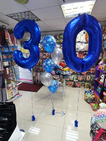 Five balloon bouquet and blue number 3 and 0 balloons