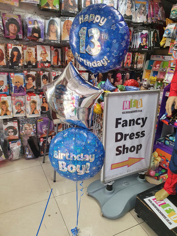 Blue 13th birthday, blue birthday boy and silver star foil balloon on weight