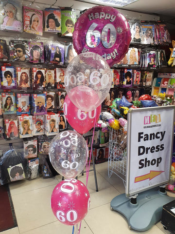 Pink and clear four balloon bouquet with pink 60th Birthday foil