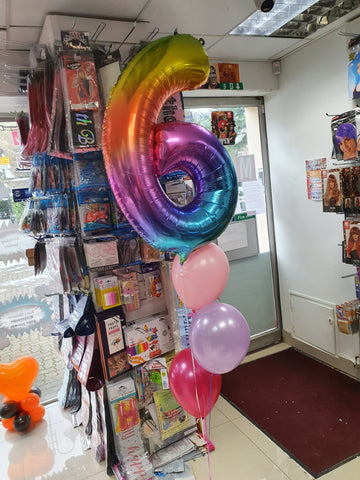 Rainbow number six balloon with three balloon bouquet