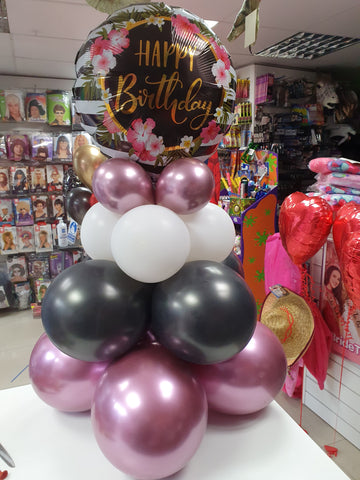 pink black and white happy birthday balloon pyramid