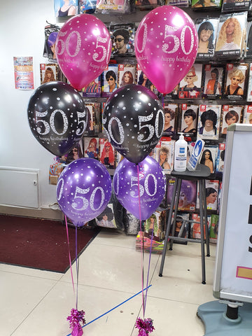 pink black and purple 50th birthday balloon bouquets