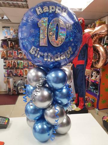 blue and silver air-filled 10th birthday balloons