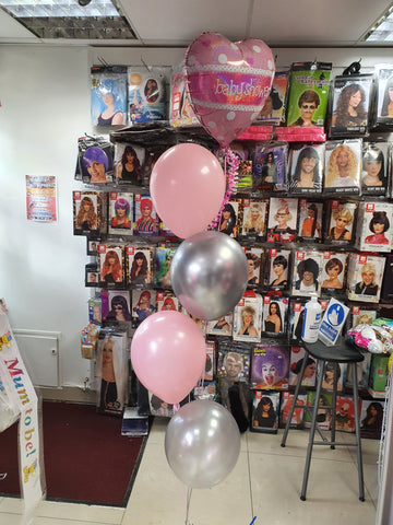 pink and silver baby shower balloon bouquet