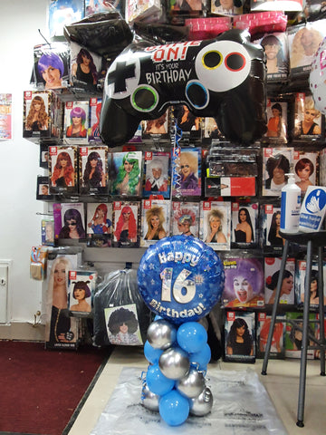 Blue and silver 16th gamer balloon display