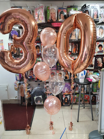 Rose gold 30th birthday balloons with five balloon bouquet