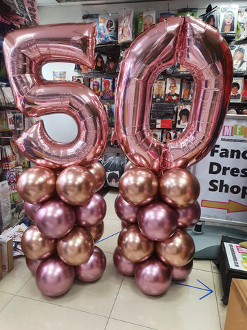 Rose gold and pink 50th birthday balloon columns