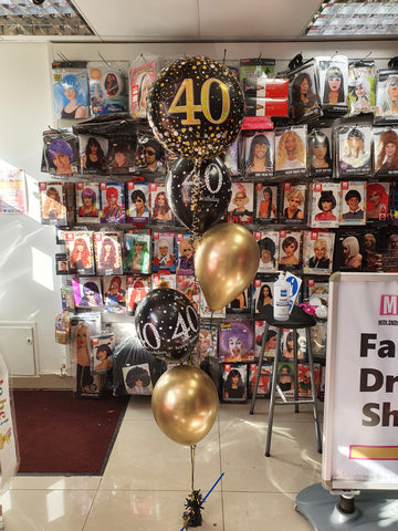 Gold and black 40th birthday balloon with four balloon bouquet