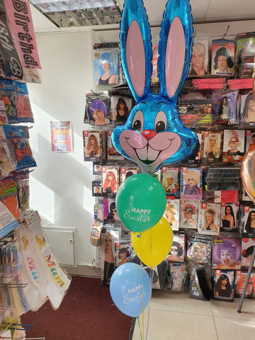 Blue Easter bunny balloon display