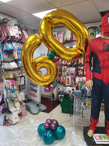 Gold, green and burgundy 60th birthday double number helium display