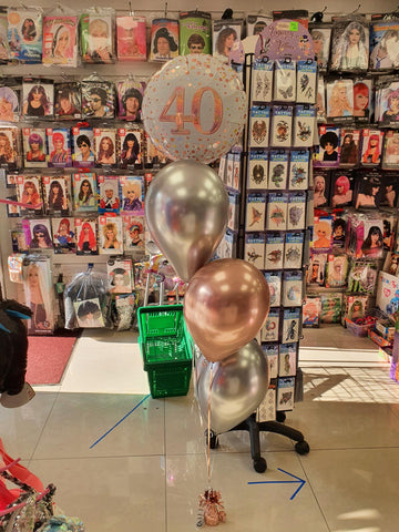 rose gold and silver 40th birthday three balloon bouquet with foil balloon