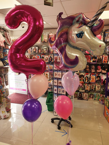 pink and purple two balloon bouquets with unicorn and magenta number two helium balloons